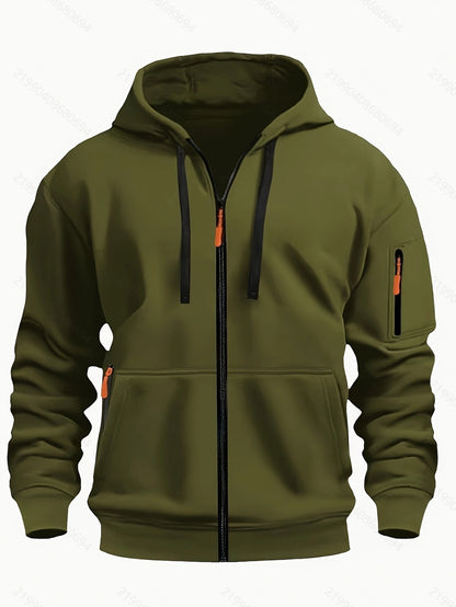 Men's olive green zip-up hoodie with black drawstrings and orange zipper pulls, cozy casual sweatshirt