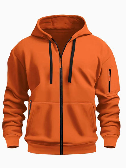Men's camel orange full-zip hoodie with black drawstrings and zippered pockets, casual autumn sweatshirt