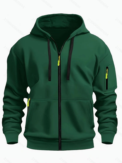 Green men's zip-up hoodie with black drawstrings and neon yellow zipper pulls