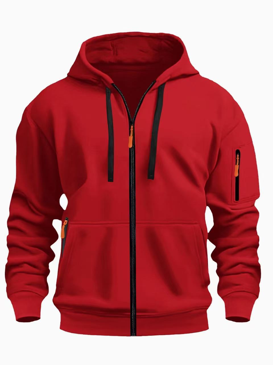 Men's red zip-up hoodie with black drawstrings and orange zipper pulls, casual sweatshirt