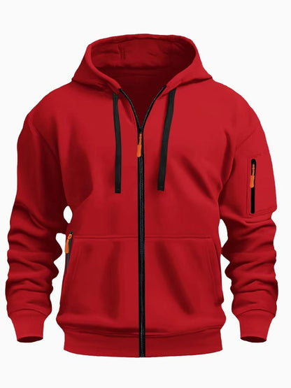 Men's red zip-up hoodie with black drawstrings and orange zipper pulls, casual sweatshirt