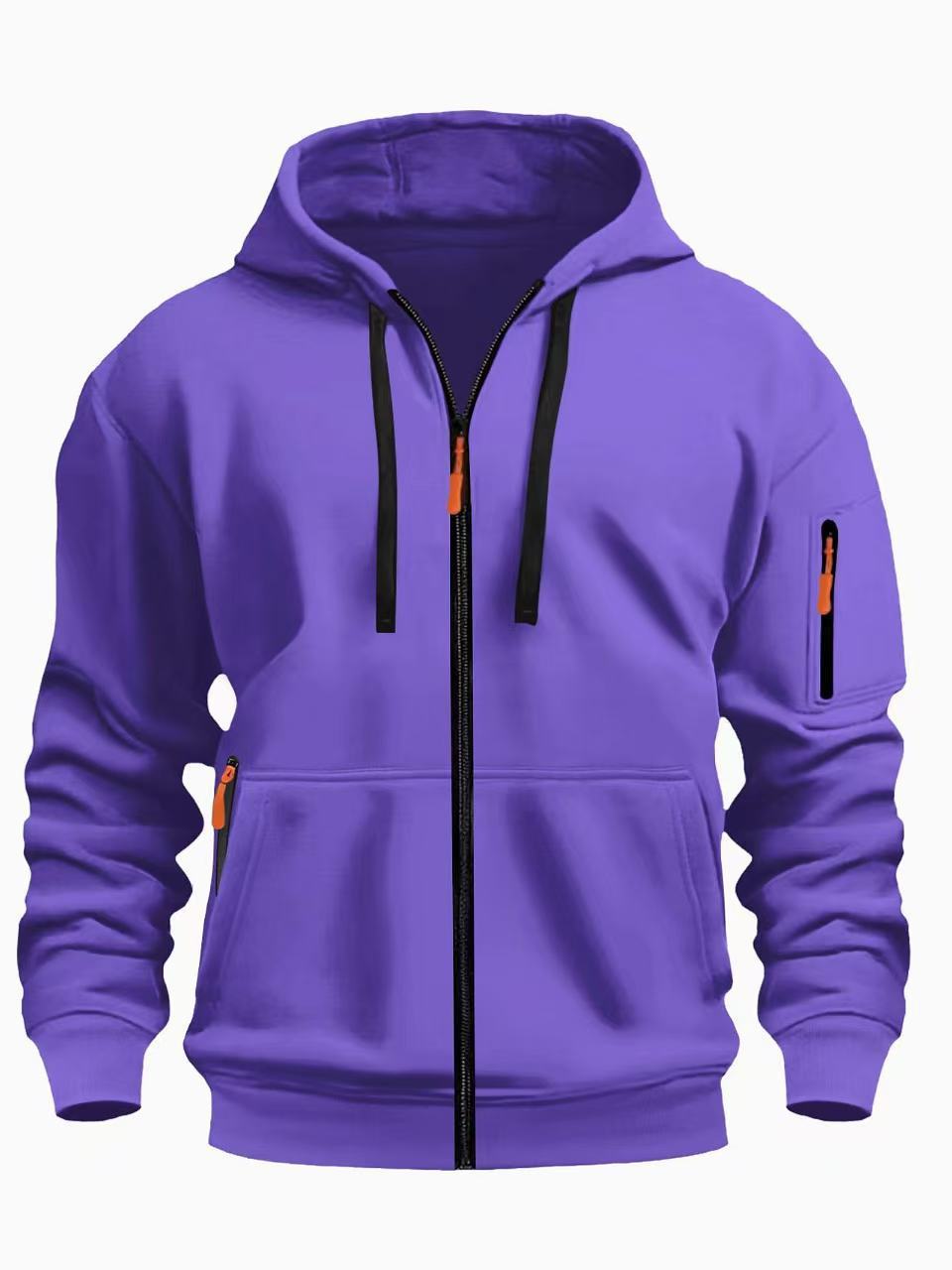Men's purple full-zip hoodie with black drawstrings and orange zipper pulls, casual sweatshirt