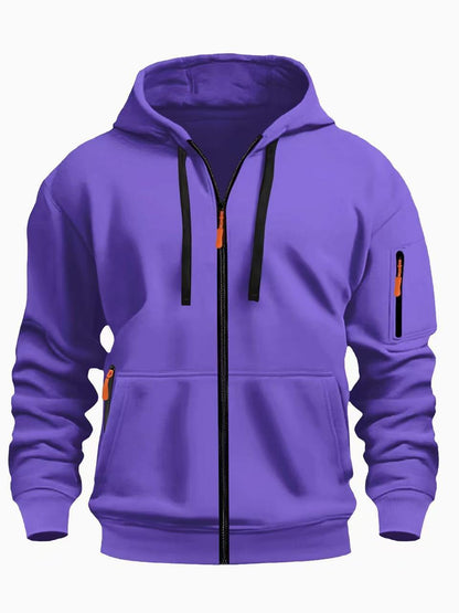 Men's purple full-zip hoodie with black drawstrings and orange zipper pulls, casual sweatshirt