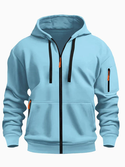 Light blue men's zip-up hoodie with black drawstrings and orange zipper pulls, casual sweatshirt
