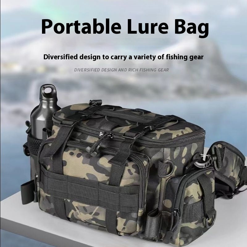 Camouflage portable fishing lure bag with multiple compartments and attached water bottle on a table