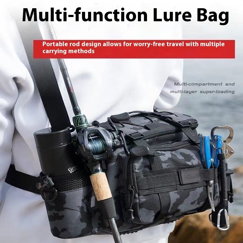 Black camouflage multi-function fishing lure bag worn on waist with rod holder and fishing tools attached