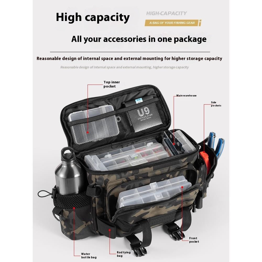 Camouflage fishing tackle bag with multiple compartments, storage boxes, water bottle holder, and tool pockets