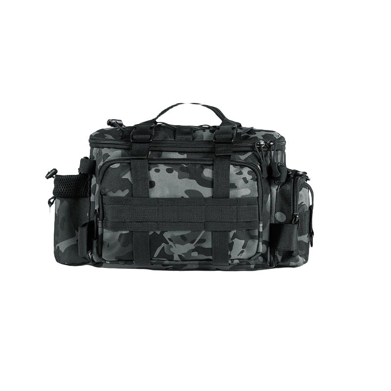 Camouflage fishing lure storage bag with multiple zippered compartments and mesh pocket