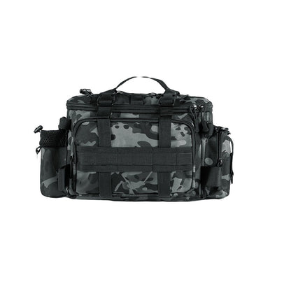 Camouflage fishing lure storage bag with multiple zippered compartments and mesh pocket