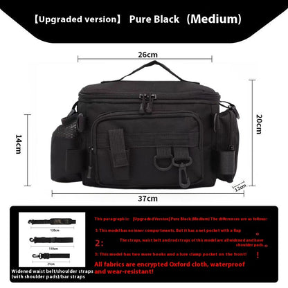 Pure black medium fishing tackle bag with multiple pockets and hooks, made of waterproof Oxford cloth
