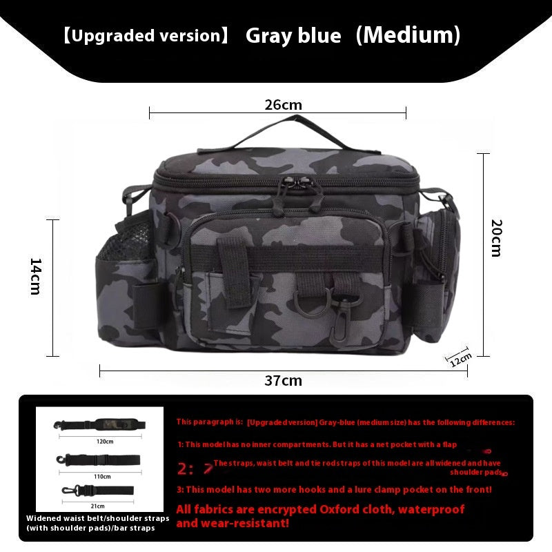 Gray blue medium camouflage fishing lure storage bag with multiple compartments and carrying handle