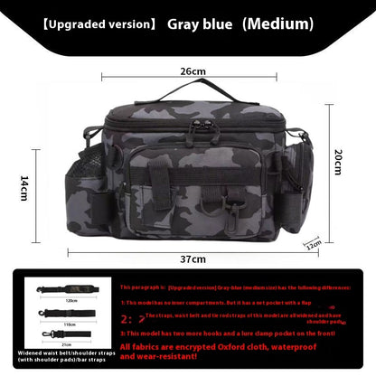 Gray blue medium camouflage fishing lure storage bag with multiple compartments and carrying handle