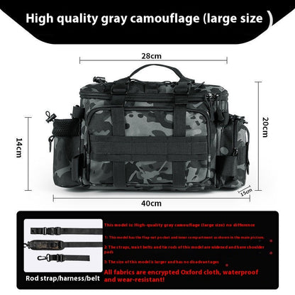 High-quality large gray camouflage fishing lure storage bag with multiple compartments and rod straps