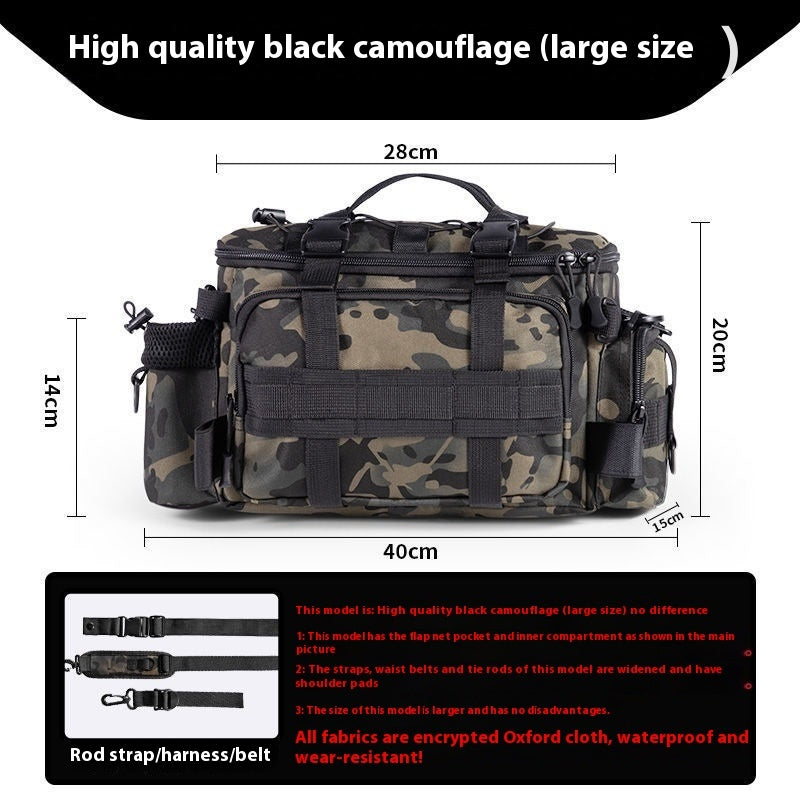Black camouflage Oxford cloth fishing lure storage bag with multiple compartments and straps