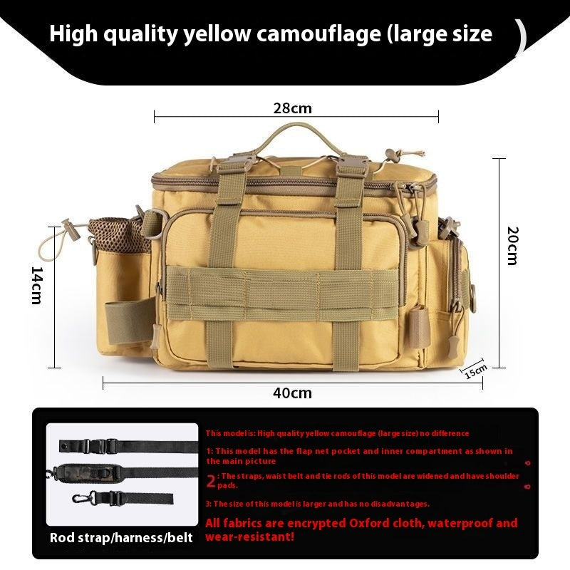 High quality yellow camouflage fishing lure storage bag with multiple compartments and rod strap