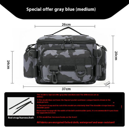 Gray blue medium camouflage fishing lure storage bag with multiple pockets and zippers