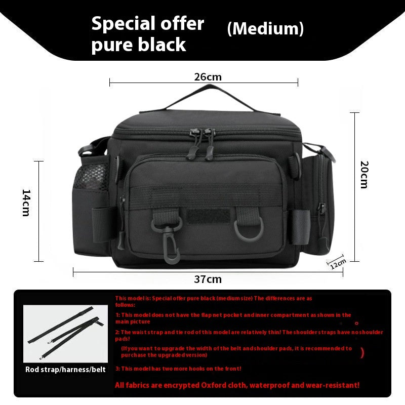 Medium size pure black fishing lure storage bag with multiple compartments and straps