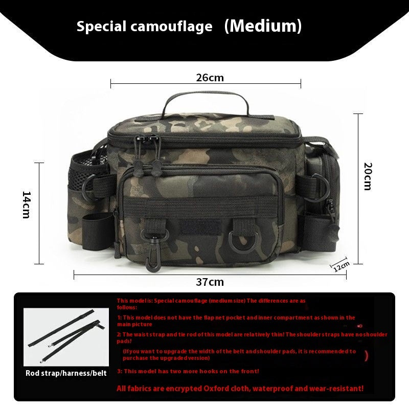 Medium special camouflage fishing lure storage bag with multiple compartments and straps