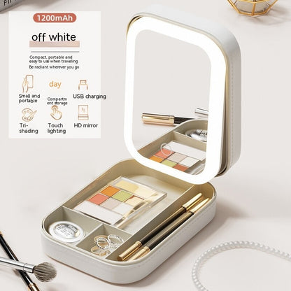 Off white portable LED makeup storage box with adjustable mirror, USB charging, and compartment organizer