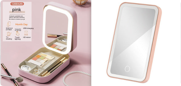 Pink portable vanity case with LED mirror and makeup storage, compact with USB charging