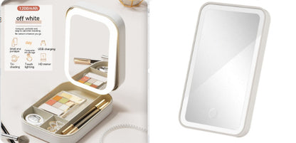Portable off white USB rechargeable makeup storage box with LED lighted adjustable mirror
