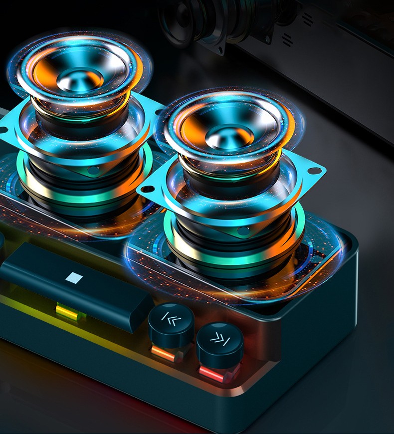 Close-up of a sleek black Bluetooth speaker with dual 10W stereo audio drivers and control buttons on a dark surface