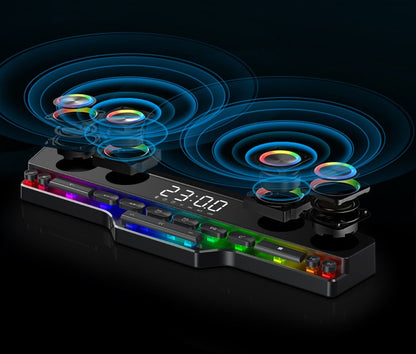 Black desktop Bluetooth speaker with RGB LED lights and digital clock display showing 23:00