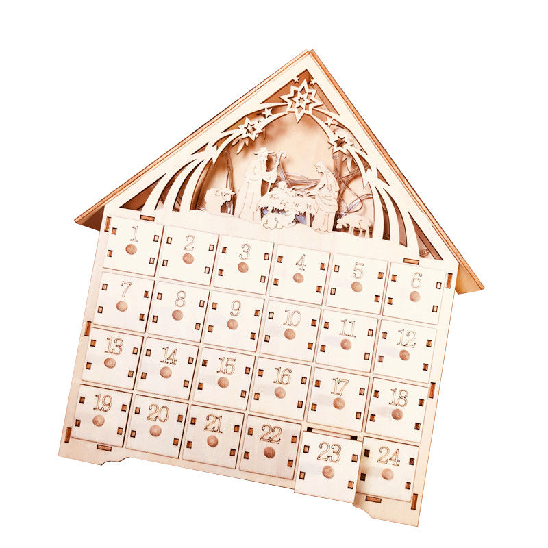 Wooden DIY Christmas advent calendar with 24 numbered drawers and nativity scene top