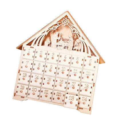 Wooden DIY Christmas advent calendar with 24 numbered drawers and nativity scene top