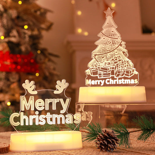 Warm white LED acrylic Christmas decorations with Merry Christmas text and tree design, festive holiday decor