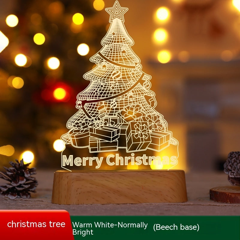 Warm white LED acrylic Christmas tree night light with gifts and Merry Christmas text on beech wood base