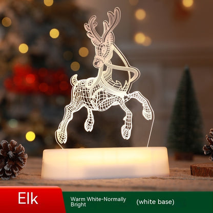 LED acrylic lamp of a glowing warming white elk with a white base on a festive background