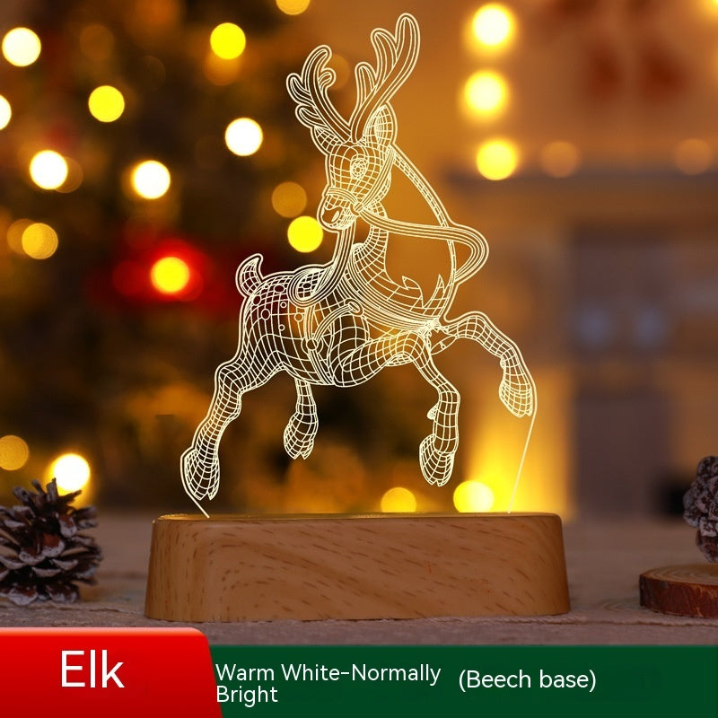 3D acrylic elk LED night light with warm white glow on wooden beech base, Christmas decor