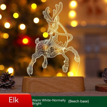 3D acrylic elk LED night light with warm white glow on wooden beech base, Christmas decor