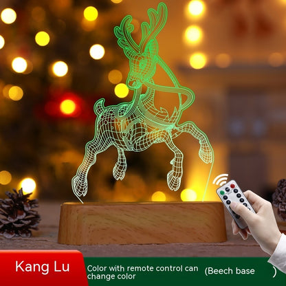 3D LED reindeer lamp with wooden base and remote control on blurred Christmas lights background