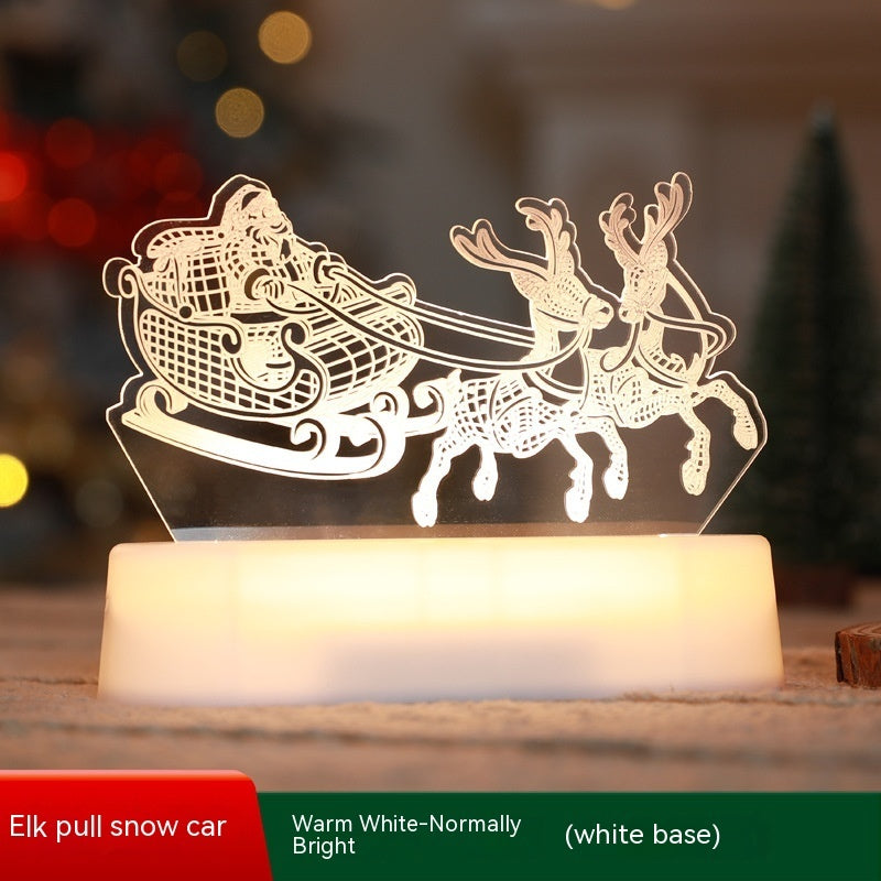 Warm white LED acrylic Christmas lamp with Santa in sleigh and reindeer on white base