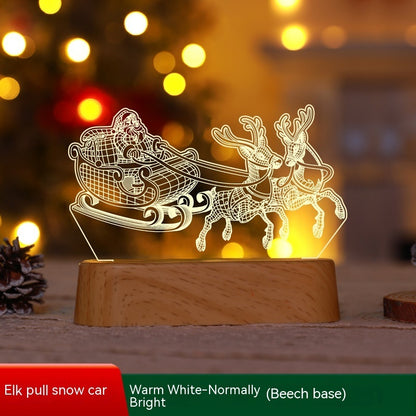 LED acrylic lamp with Santa in sleigh pulled by two reindeer on wooden beech base with warm white light