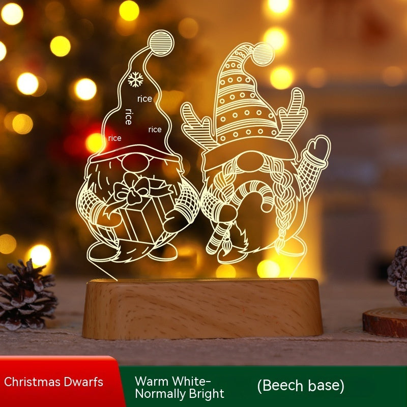 Warm white LED acrylic Christmas dwarfs night light with beech wood base and festive decorations
