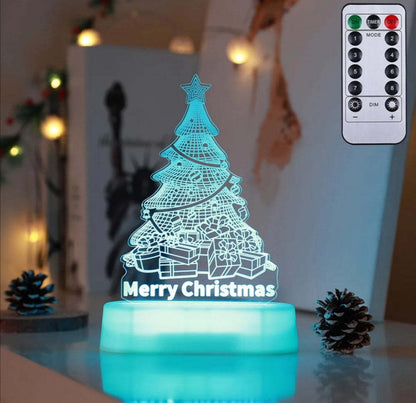 LED acrylic Christmas tree night light with presents and Merry Christmas text, remote control included