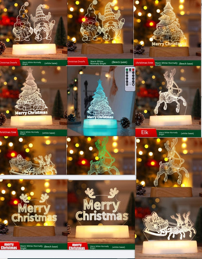 Set of LED acrylic Christmas night lights featuring tree, elves, elk, sleigh, and Merry Christmas text with warm white glow