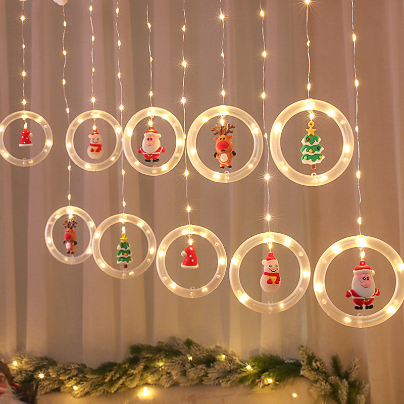 USB-powered LED Christmas string lights with cartoon Santa, reindeer, snowman, and tree decorations