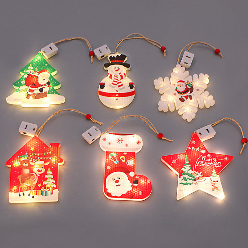 USB-powered cartoon Christmas LED string lights shaped as tree, snowman, snowflake, house, stocking, and star decorations