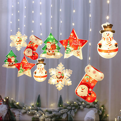 USB-powered LED Christmas string lights with snowman, Santa, tree, star, stocking, and snowflake ornaments