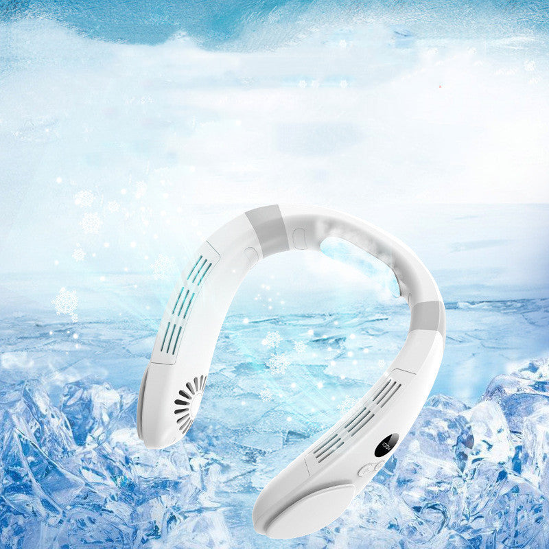 White USB portable neck fan with U-shaped neckband and cooling vents against icy background