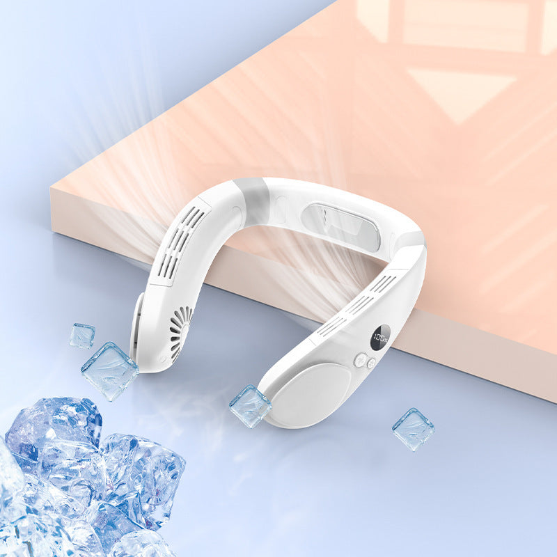 white portable U-shaped neck fan with USB charging and cooling vents blowing air over ice cubes