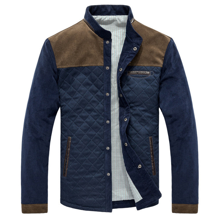 Men's slim fit casual jacket with quilted navy body and brown suede shoulders, stylish fall outerwear