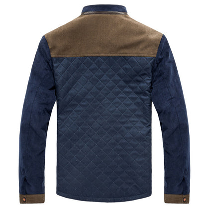 Back view of men's slim fit casual jacket with navy quilted body and brown shoulder yoke