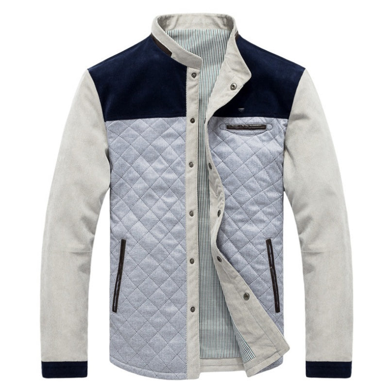 Men's casual slim-fit jacket with quilted gray front, navy blue shoulders, beige sleeves, and striped inner lining