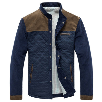 Men's casual slim fit patchwork jacket with quilted navy body and brown shoulder yoke