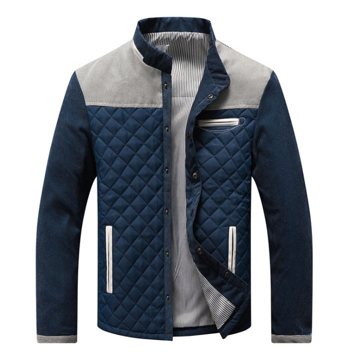 Men's casual slim fit quilted jacket in navy and light gray with stand collar and striped inner lining